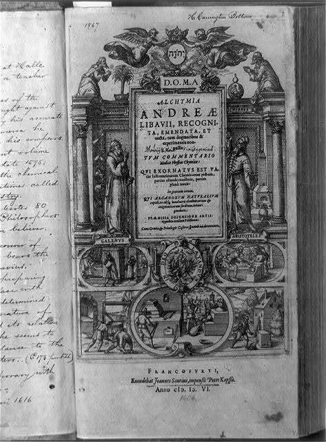 Ornate title page of Andreas Libavius's Alchymia, surrounded by classical figures and laboratory scenes.